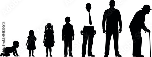 Human life stages silhouettes from baby to elderly man, showing growth, aging, development, progression, evolution, family, generational journey