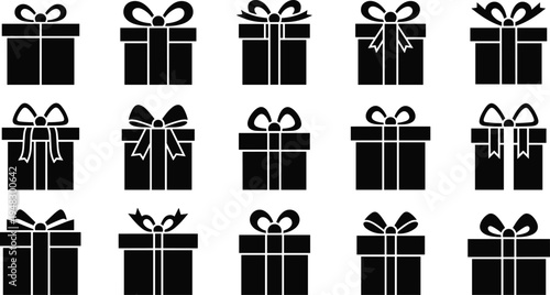 Gift Box Present Silhouette Icon Collection with Ribbon and Bow Wrapped Packages for Birthday, Christmas, Holiday Celebration and Surprise Gift Designs