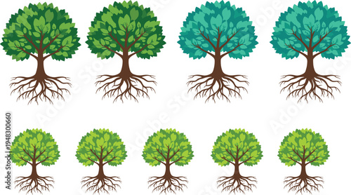 Stylized vector illustration of green trees with roots exposed, symbolizing growth, nature, ecology, biodiversity, and environment