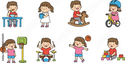 Cartoon children activities including eating, playing, cycling, basketball, music, and building blocks design