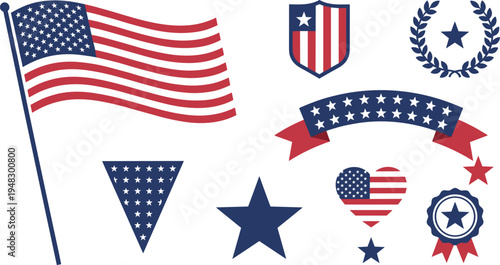 Vector illustration of American flag symbols including stars, shields, hearts, pennants, and laurel wreaths for patriotic celebration designs