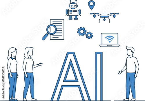 Vector illustration of artificial intelligence concept with AI letters surrounded by icons of robotics, geolocation, automation, and digital connectivity