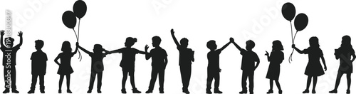 Children silhouettes with balloons kids celebration party happy boys girls holding balloons vector illustration collection