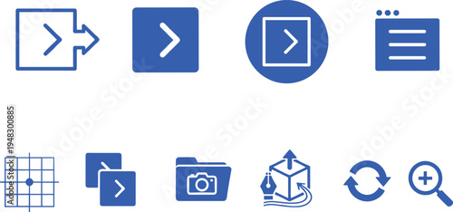 Vector illustration of blue software interface icons for design, modeling, and digital content creation