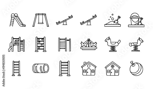 Kid Playground Outline Icons Set with Swing Slide Seesaw and Kindergarten Outdoor Recreation Symbols