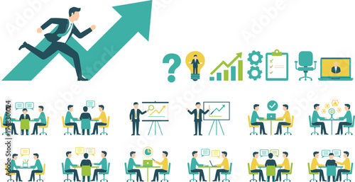 Vector illustration of business growth and teamwork concepts with icons and collaborative scenes