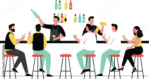 Lively bar scene illustration, people socializing with drinks, bartenders serving beverages, nightlife concept, leisure gathering, modern flat design