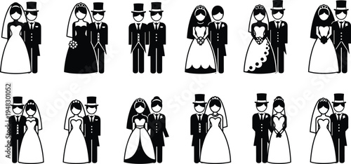 Wedding Couple Silhouette Icon Set Featuring Bride and Groom Characters in Different Marriage Ceremony Poses Isolated Vector Collection for Love and Bridal Designs