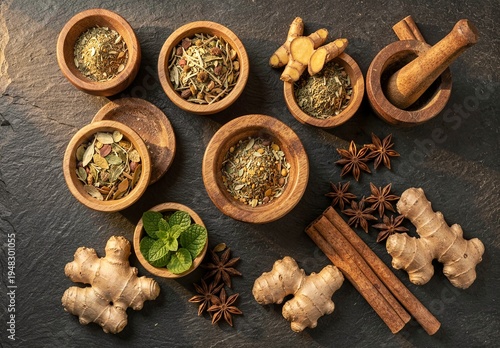 Wallpaper Mural Natural Herbal Medicine Flat Lay with Dried Herbs Mortar and Spices on Dark Slate Torontodigital.ca