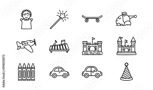 Children Fun and Entertainment Outline Icon Set with Toys Music Drawing and Play Symbols