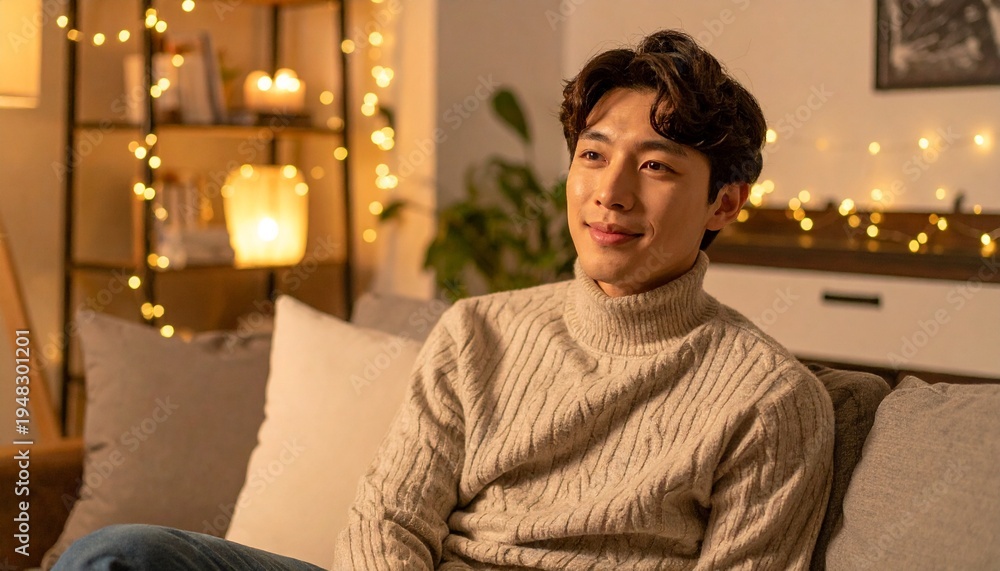 Obraz premium Young man relaxing at home with soft lighting and cozy interior for lifestyle advertisement and product design.