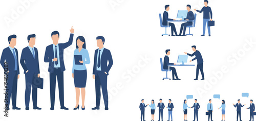 Vector illustration of business professionals in office teamwork, meetings, and communication scenes