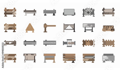 Under Construction Roadblock Barrier Line Icons Collection with Guardrail Traffic Barricade and Pedestrian Fence Symbols