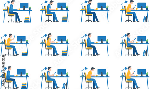 Vector illustration of businessman at desk with computer showing different postures, activities, and emotions in workplace productivity and study