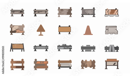 Roadblock Barrier Flat Line Icons Set with Guardrail Pedestrian Barricade and Under Construction Traffic Safety Symbols