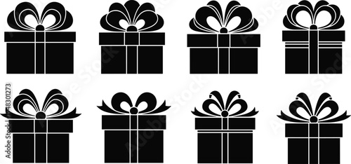 Gift Box Silhouette Icon Set with Ribbon and Bow Present Packages for Birthday, Christmas, Holiday Celebration and Surprise Gift Vector Collection