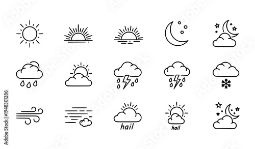 Meteorology Weather Icons Set with Sun Moon Clouds Rain and Forecast Symbols