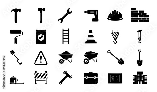 Black Construction Icons Set with Tools Equipment and Building Industry Symbols on White Background