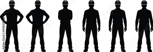 Vector illustration of construction worker silhouettes wearing safety helmets in different poses