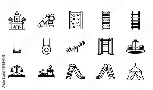 Kindergarten Playground Outline Icon Set with Kids Outdoor Play Equipment and Park Recreation Symbols