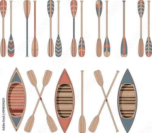 Colorful canoe and paddle collection, rustic outdoor adventure vector illustration for water sports, camping, kayaking, boating, flat vector illustration