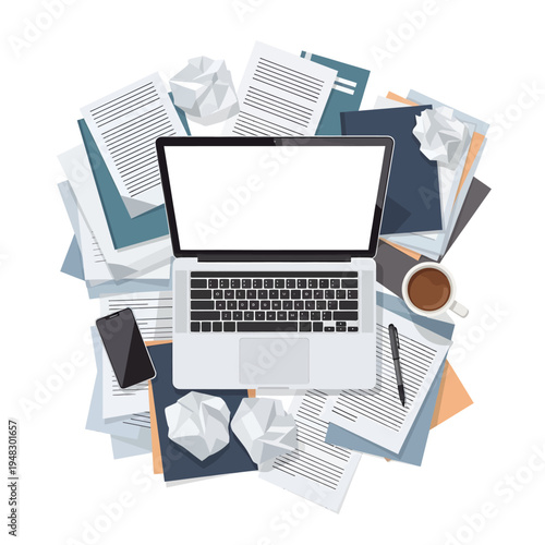 Top-down view of a cluttered desk with a laptop, phone, coffee cup, and scattered papers, symbolizing a busy workday or creative process