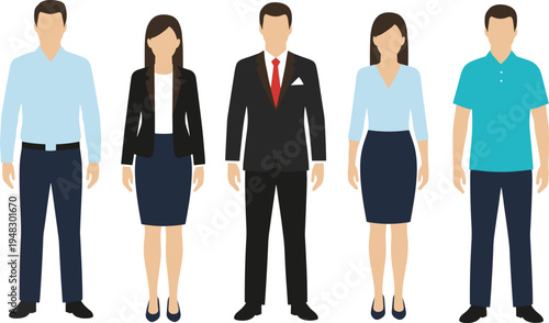 Vector illustration of figures in professional and semi‑casual attire for workplace fashion and dress code designs