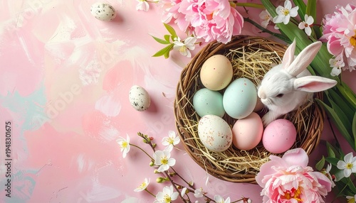 Easter Still Life with Eggs Rabbit and Flowers on a Textured Pink Background for Springtime Celebration.