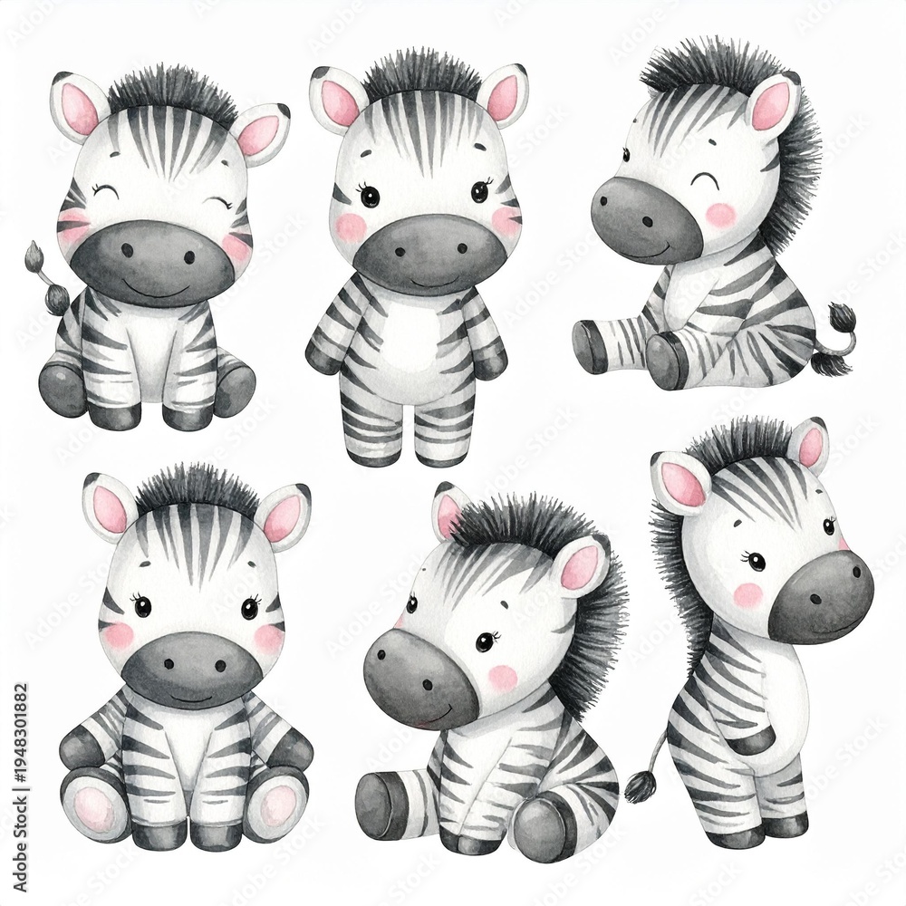 Fototapeta premium Vintage Aquarell-Plüschzebra Set 