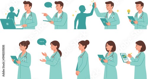 Vector illustration of male and female doctors using digital devices for telemedicine, patient interaction, teamwork, and healthcare data analysis