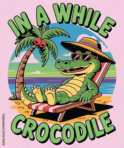 Cartoon Crocodile Relaxing on Beach Chair with Sun Hat and Sunglasses