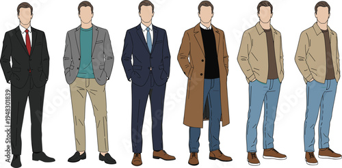 Vector illustration of men’s fashion styles from formal business suits to casual outfits