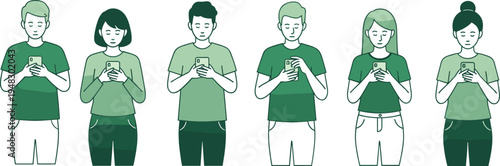 Vector illustration of people using smartphones in everyday digital communication showing modern technology dependence and social interaction