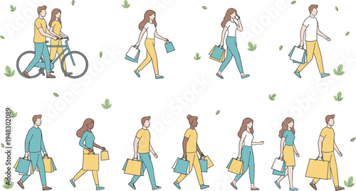 Vector illustration of people walking and shopping with bags and bicycle representing lifestyle, retail, and outdoor urban activities