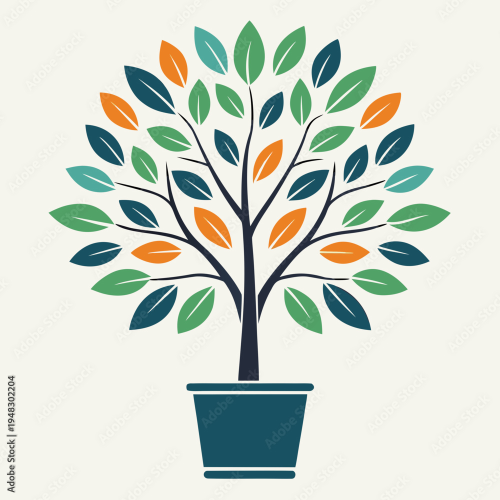 Obraz premium Decorative Tree Graphic Design Element With Vibrant Foliage And Pot For Spring Growth, Botanical Illustration Vector