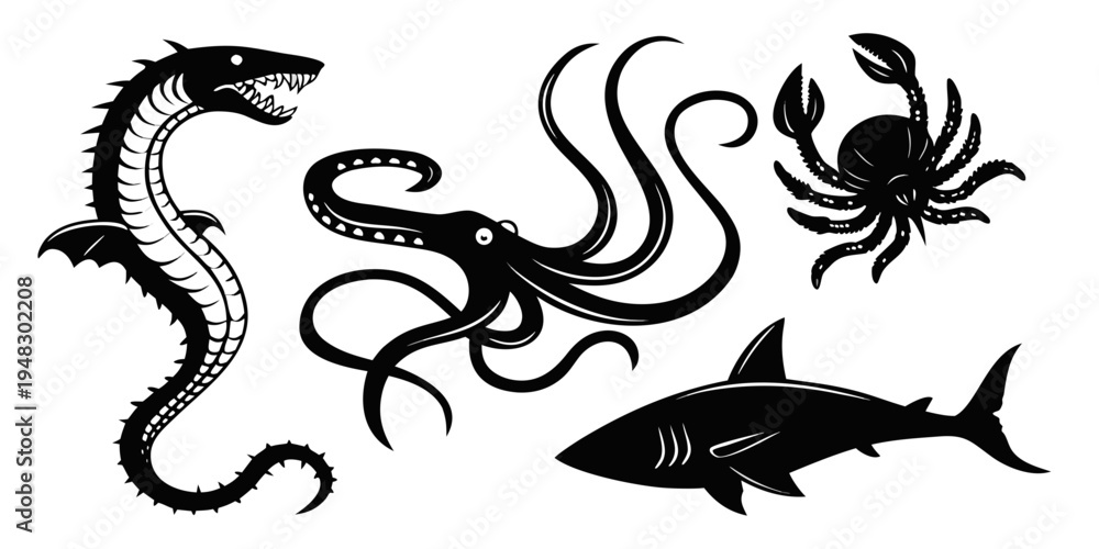 Obraz premium sea creatures including shark crab octopus and eel Vector