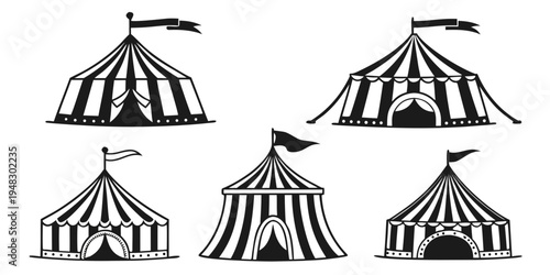 a set of five different circus tents with flags on top Vector