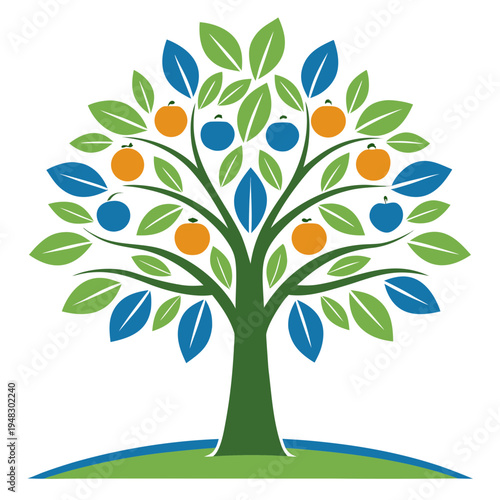 Fruit Tree Illustration With Apples And Oranges, Vibrant Garden Design Element For Agriculture Concepts