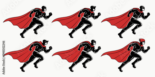 six black superheroes with red capes are running Vector