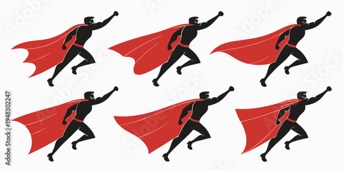 six superhero silhouettes with red capes flying Vector