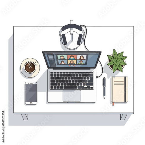 Top view of a modern home office desk with a laptop displaying a video conference, headphones, smartphone, coffee cup, notebook, pen, and a potted plant, embodying remote work and productivity