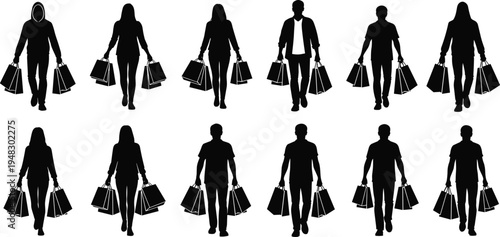 Set of Male and Female Shopper Silhouettes Carrying Shopping Bags Walking Isolated Collection for Retail Consumerism Sale Black Friday Marketing Design