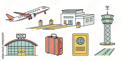 a collection of travel and airport related items Vector
