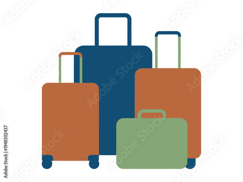 Four diverse rolling suitcases stand grouped together indicating family travel needs.