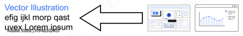 Data analysis, business reports, presentations, teamwork, growth strategy, information design. Arrow pointing to digital dashboards and charts. Data analysis and business reports concept