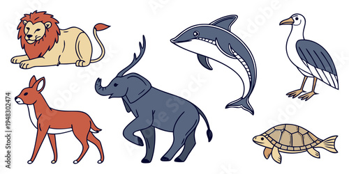 a group of animals including a lion, flamingo, dolphin, stork, deer, elephant, and turtle Vector