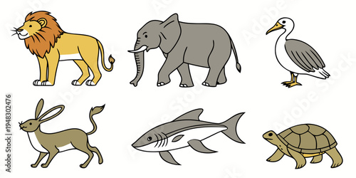 a collection of six different wild animals Vector