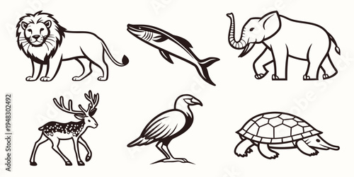 a group of animals including a lion, fish, elephant, deer, bird, and turtle Vector