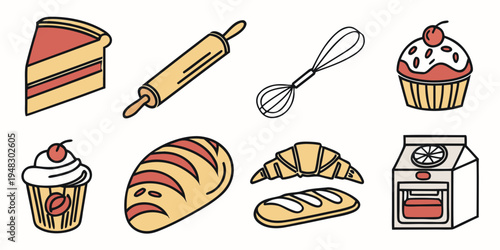 a collection of baked goods and baking tools Vector