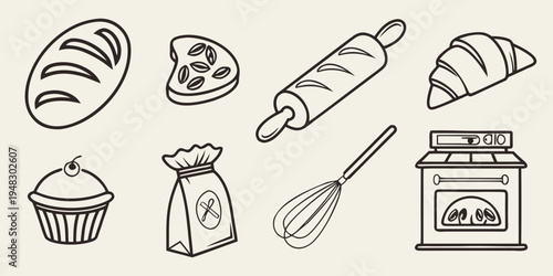 a collection of baking icons including bread and pastry items Vector